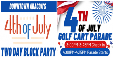 DOWNTONW ABACOA 4TH JULY BLOCK PARTY  MEGA BASH ROGER DEAN BASEBALL BON JOVI LIVIN ON A PRAYER 56 ACE JASON ALDEAN WIDE OPEN RICKY YOUNG LOCAL BANDS TRIBUTE KIDS FAMILY FREINDLY GOLF CART PARADE FIREWORKS MUSIC 