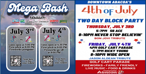 mega bash baseball block party 4th july ondependenace day kids games family freindly fireworks live bands bon jovi tribute 56 ace pb cardinals roger dean stadium jupiter hammerheads