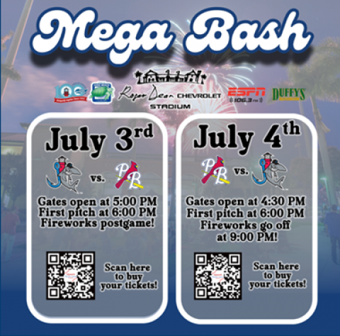 MEGA BASH 4TH JULY ROGER DEAN STADIUM FIREWORKS BASEBALL KIDS PLAY 
