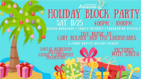 downtown abacoa holiday block party pitures with santa cookie & ornament decorating live music Gary Roland & the Landsharks jimmy buffet santas workshop food drink specials