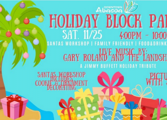 downtown abacoa holiday block party pitures with santa cookie & ornament decorating live music Gary Roland & the Landsharks jimmy buffet santas workshop food drink specials